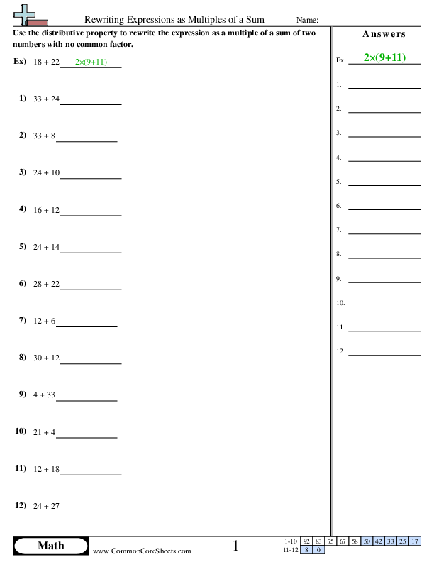 Rewriting Expressions as Multiples of a Sum worksheet